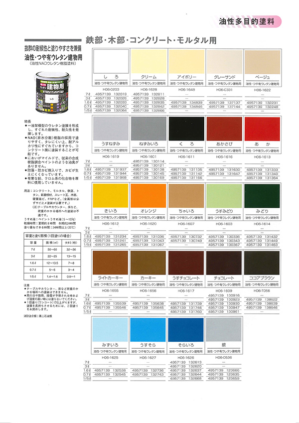 油性・つや有ウレタン建物用 1.6Ｌ 各色【ロックペイント】