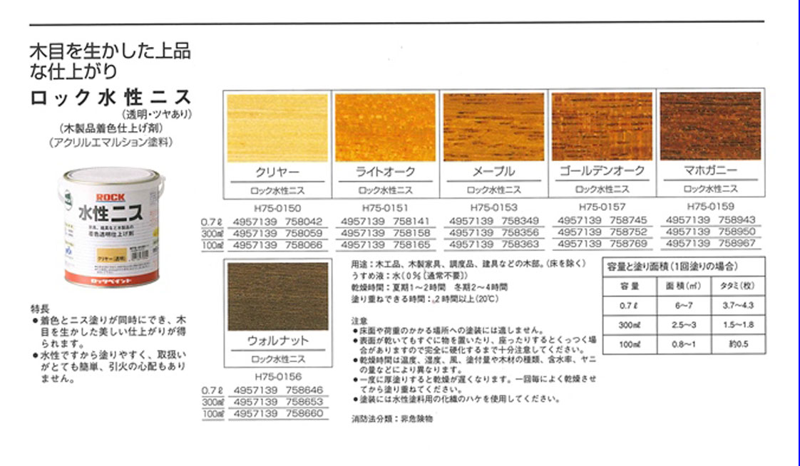 ロック水性ニス　300ml　各色　【ロックペイント】