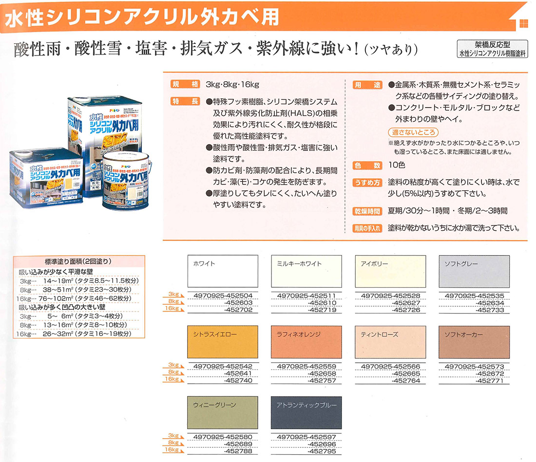 水性シリコンアクリル外カベ用　8kg　各色【アサヒペン】