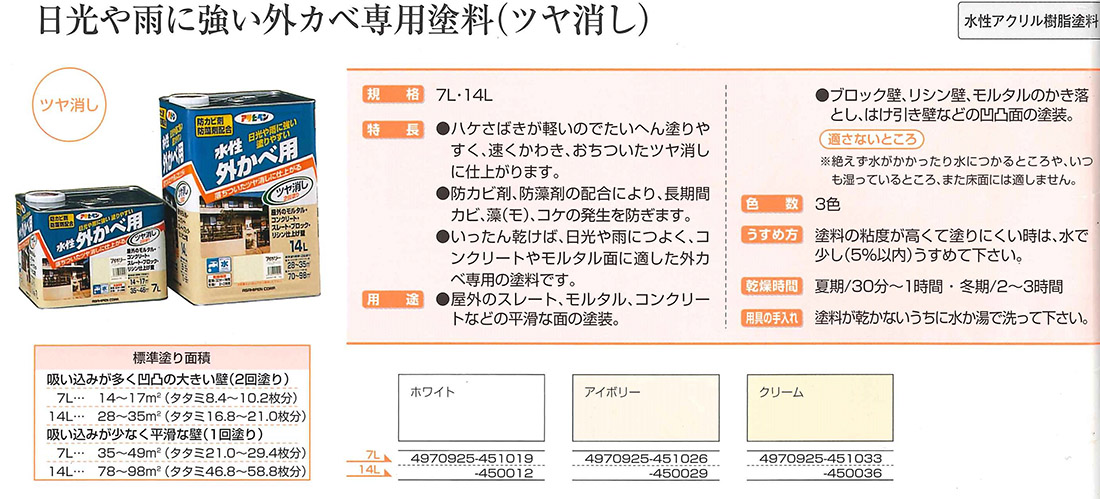 水性外かべ用ツヤ消し　7L　各色【アサヒペン】