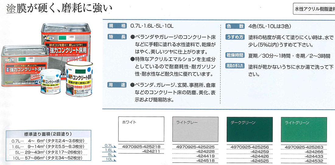 水性強力コンクリート床用　1.6L　各色【アサヒペン】