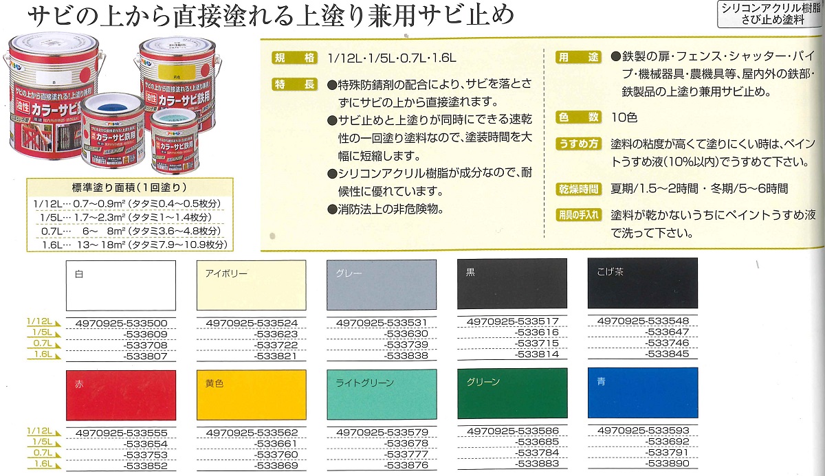 油性カラーサビ鉄用　1/5　各色【アサヒペン】