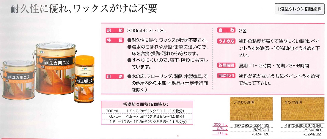 油性ユカ用ニス　300ml　各色【アサヒペン】