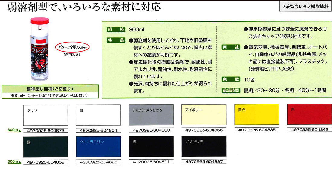 弱溶剤型2液ウレタンスプレー 300ml 各色【アサヒペン】