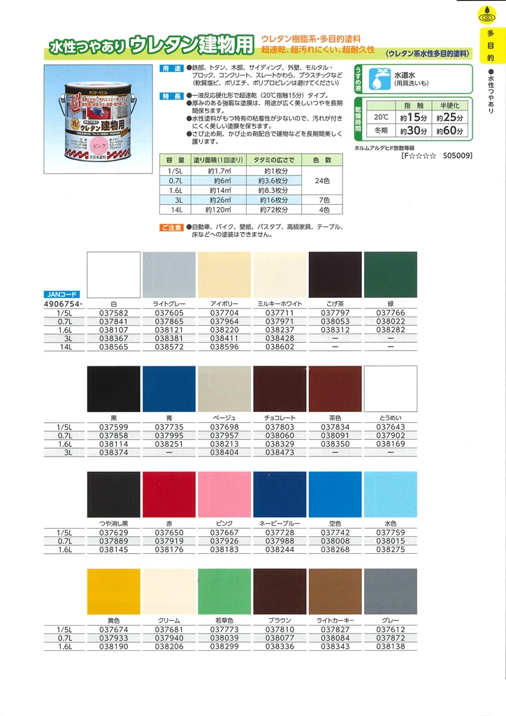 水性つやあり　ウレタン建物用　1/5Ｌ　各色【サンデーペイント】