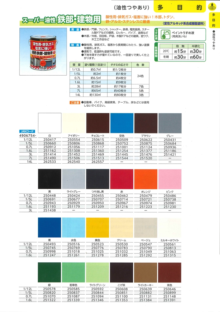 スーパー油性　鉄部・建物用　0.7Ｌ　各色【サンデーペイント】