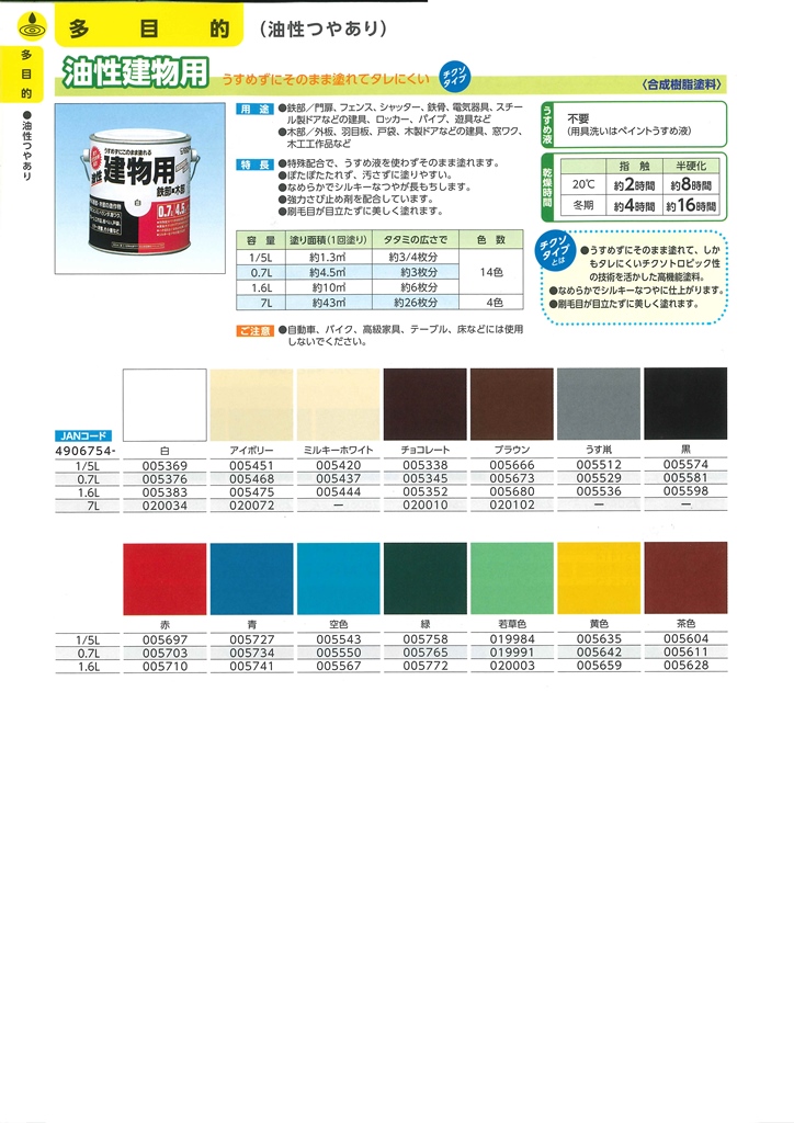 油性建物用　1/5Ｌ　各色【サンデーペイント】