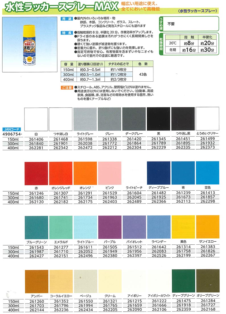 水性ラッカースプレーMAX　150ML　各色【サンデーペイント】