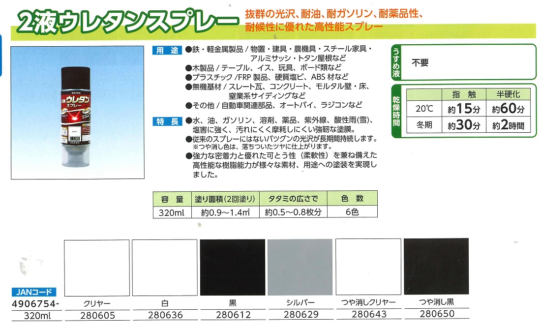 2液ウレタンスプレー　320ML　各色【サンデーペイント】