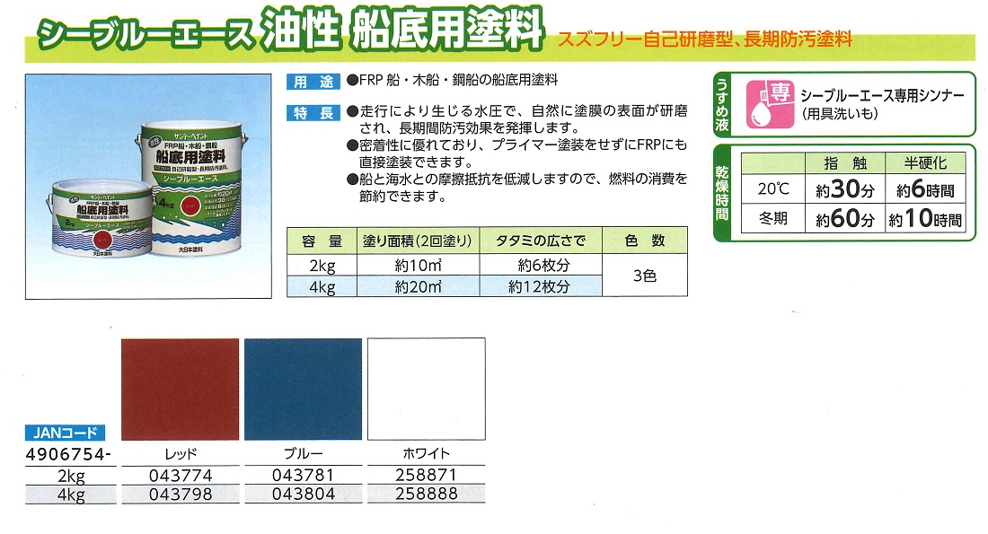 シーブルーエース　油性　船底用塗料　2KG　各色【サンデーペイント】