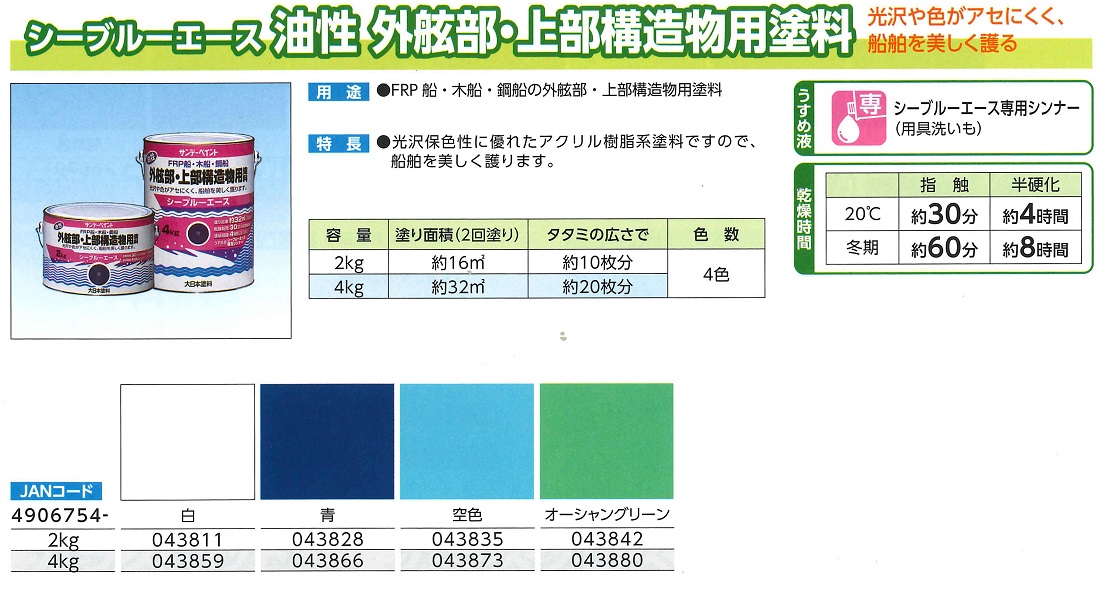 シーブルーエース　油性　外舷部・上部構造物用塗料　4KG　各色【サンデーペイント】