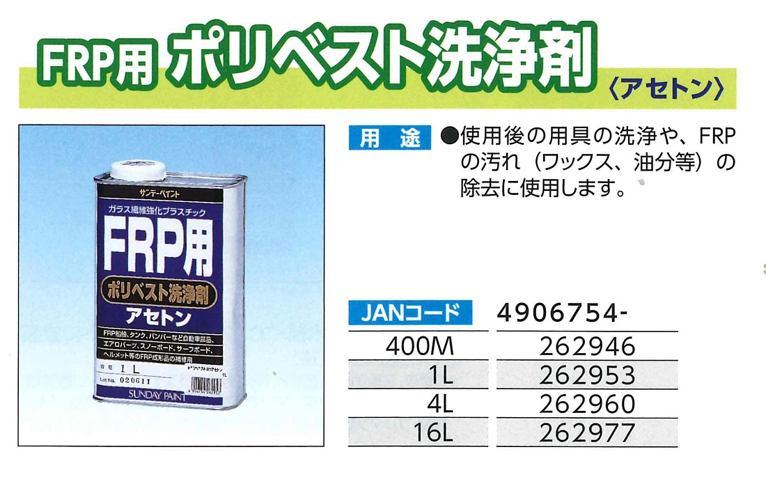 FRP用　ポリベスト洗浄剤　400ML【サンデーペイント】