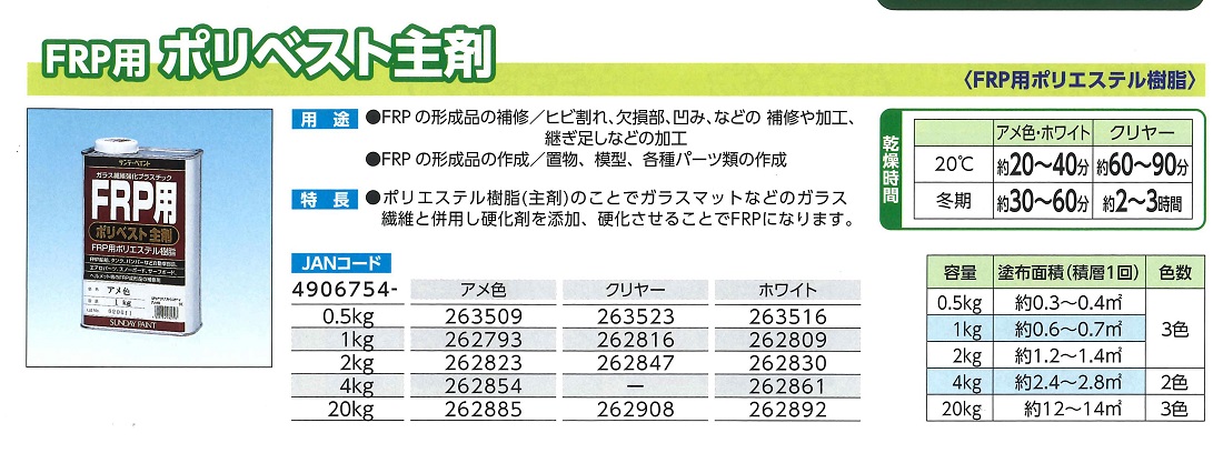 FRP用　ポリベスト主剤　0.5KG　クリヤー【サンデーペイント】