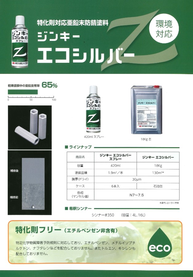 特化則対応亜鉛末防錆塗料 ジンキーエコシルバー 環境対応 18kg【日本ペイント防食コーティングス】