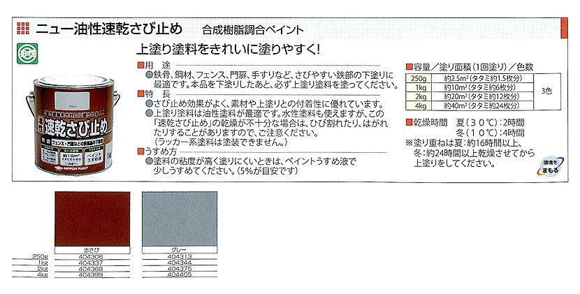 ニュー油性速乾さび止め　250g　各色【ニッペホームプロダクツ】