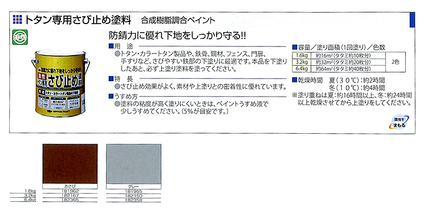 油性トタン専用さび止め　1.6kg　各色【ニッペホームプロダクツ】