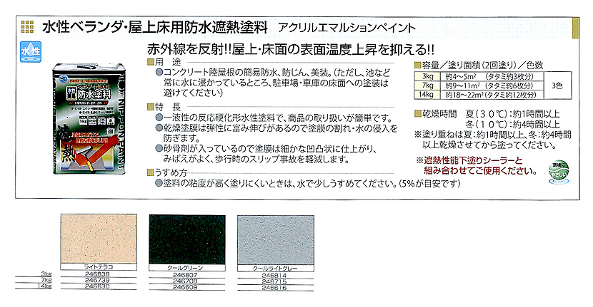 水性ベランダ・屋上床用防水遮熱塗料　3kg　各色【ニッペホームプロダクツ】