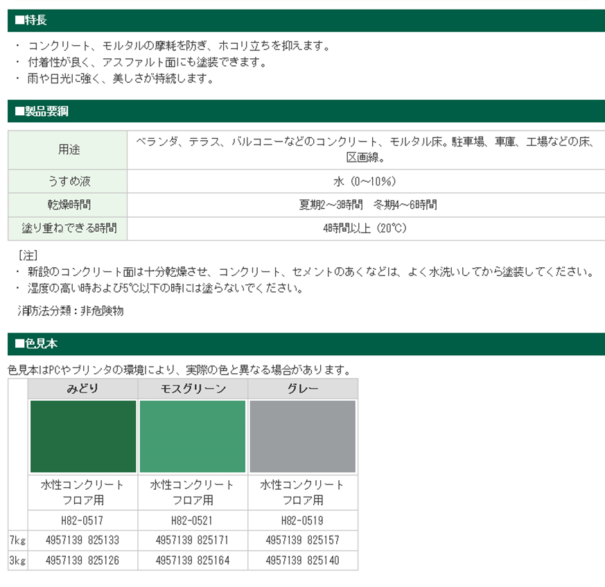 水性コンクリートフロア用(つや有)　各色7kg【ロックペイント】