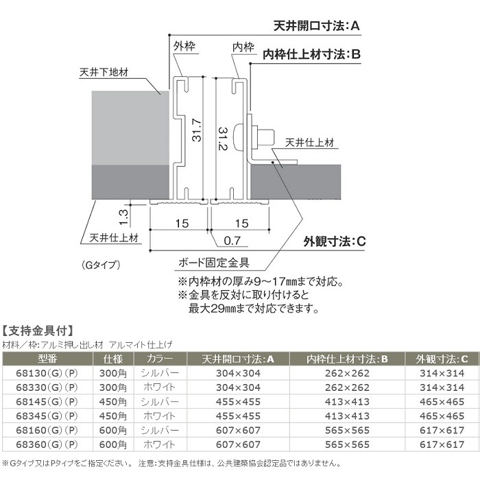 SPG　天井点検口　68130（Ｇ）　シルバー　支持金具付　300角【サヌキ】