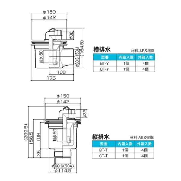 SPG洗濯機防水パン排水トラップ　樹脂製差し込み式タイプ　よこ排水BT-Y【サヌキ】