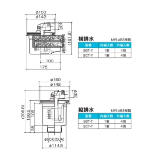 SPG洗濯機防水パン排水トラップ　樹脂製ワンタッチ式タイプ 　よこ排水SCT-Y　透明【サヌキ】