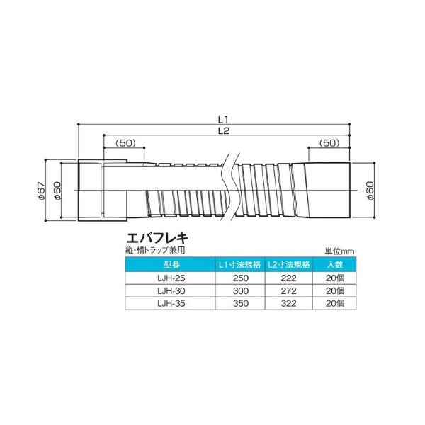 SPG樹脂製排水トラップ用 フレキパイプ　エバフレキ縦・横トラップ兼用　LJH-25【サヌキ】